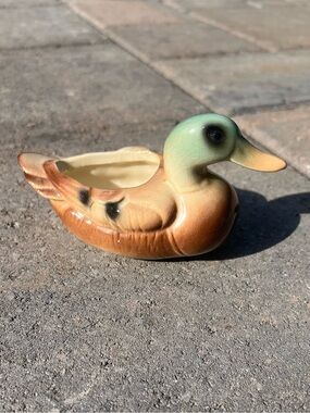 Vintage Ceramic Mallard Duck Planter Mid-Century Duck Dish Crazing Glaze Pottery